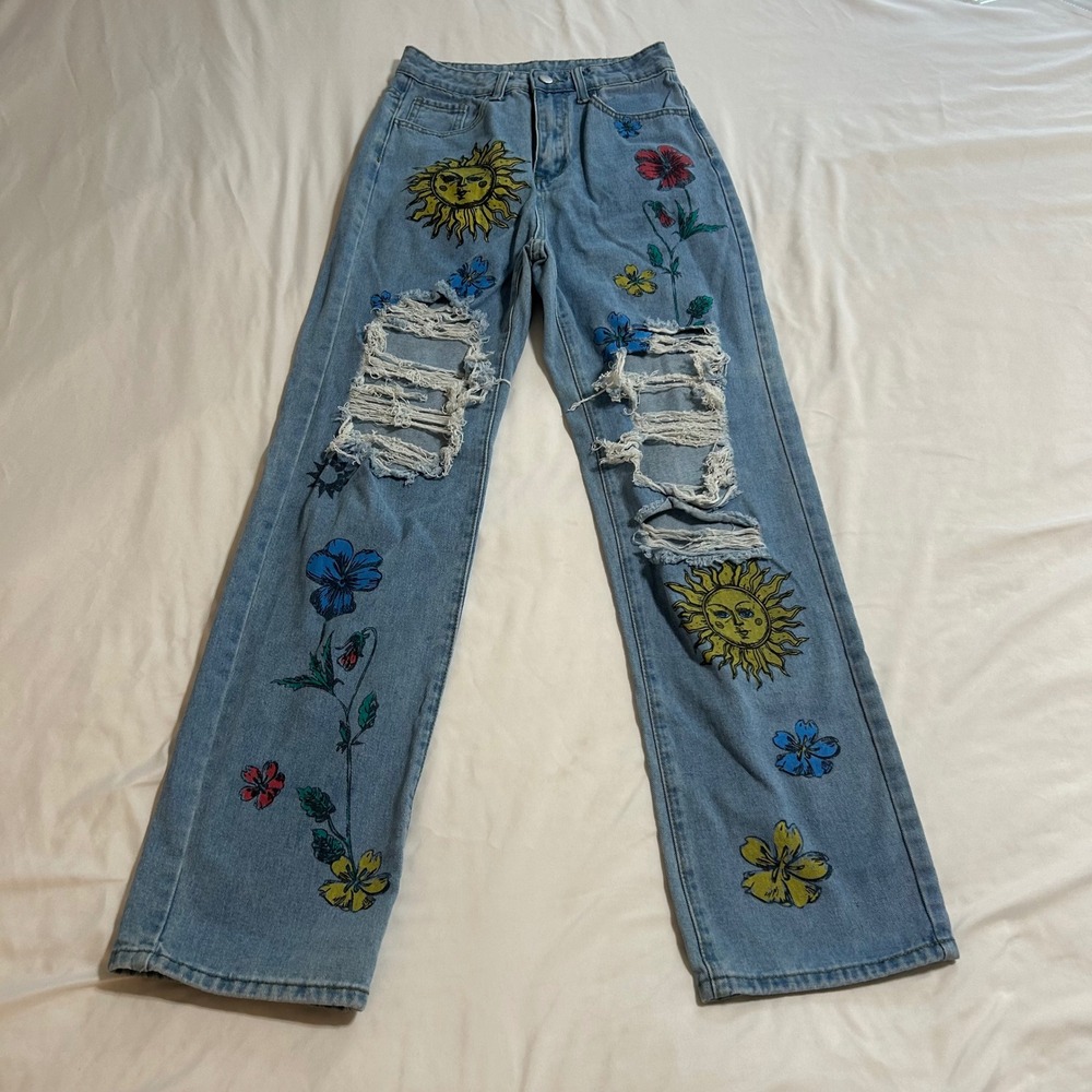 SHEIN Womens Sun Flower Graphic Distressed Straight Leg Jeans‎ Light Wash Size 2